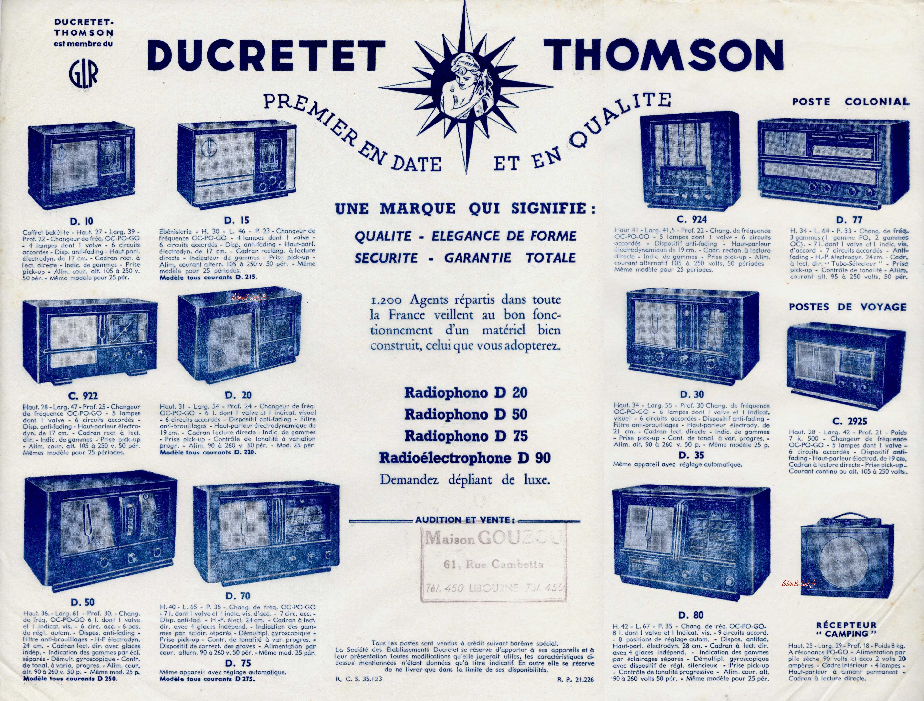 Ducretet Doc Technique TV DUCRETET THOMSON TÉLÉVISEUR 1956 T.4142 télé tsf radio 